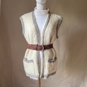 Vintage Knit Fleece Stobi Wool Vest Ivory Gray Trim Made in Europe Sz Small